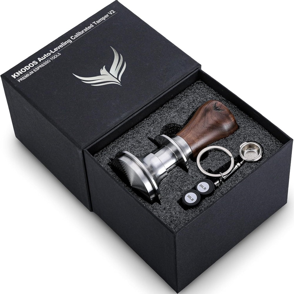 KNODOS 51mm Espresso Tamper Calibrated Walnut Steel Ripple Base 30lb